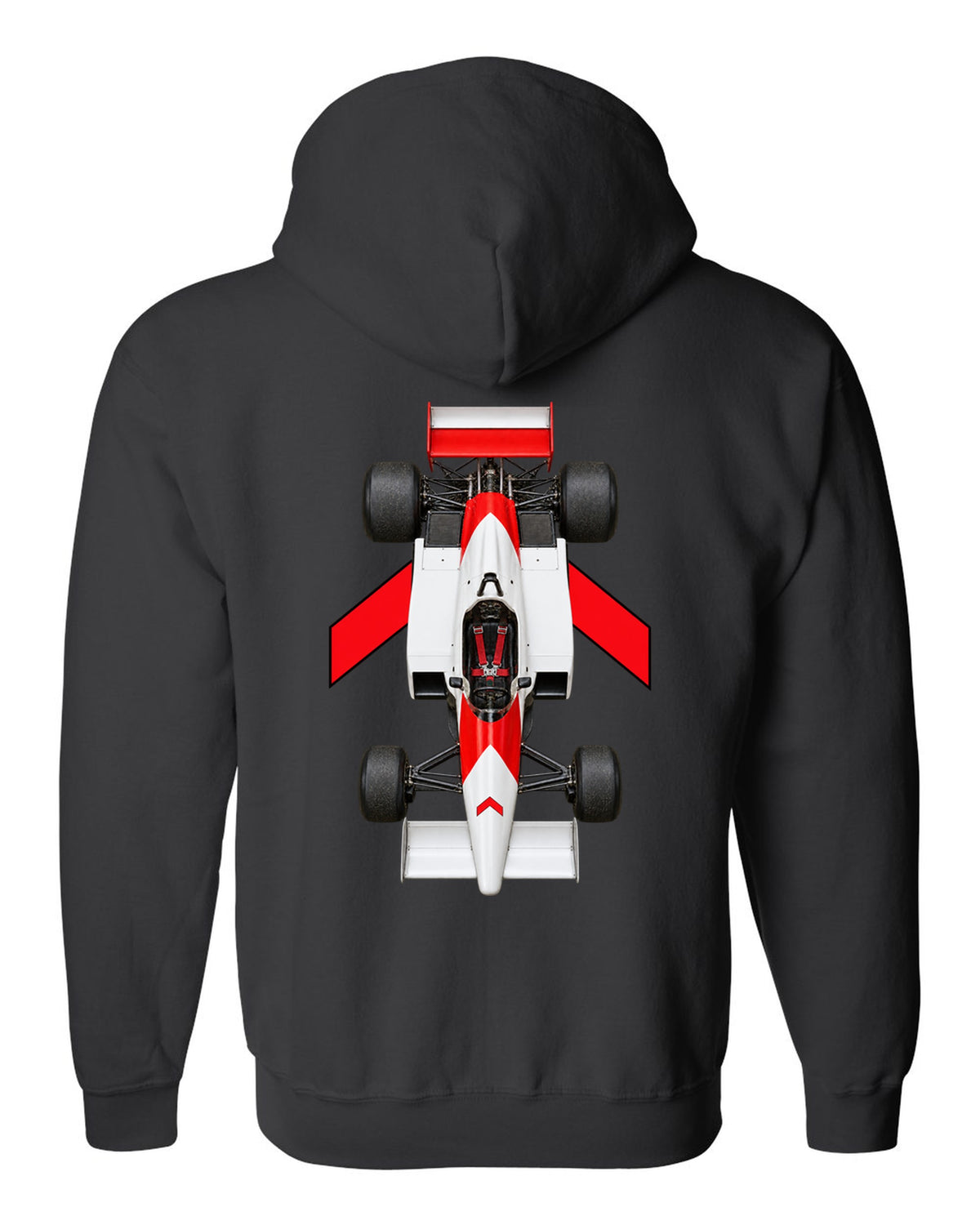Mclaren MP4 1 1981 Formula 1 overhead poster artwork black zip hoodie back view with the design