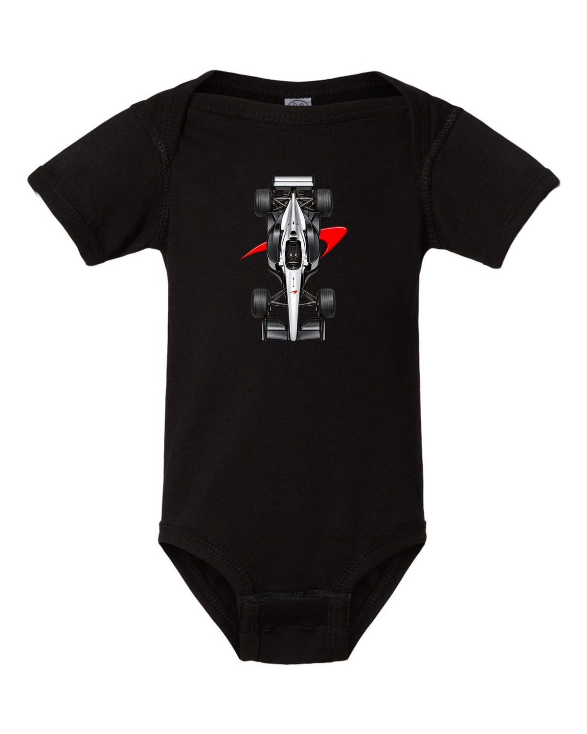 Mclaren MP4 13 1998 Formula 1 overhead poster artwork black baby onesie front view with the design