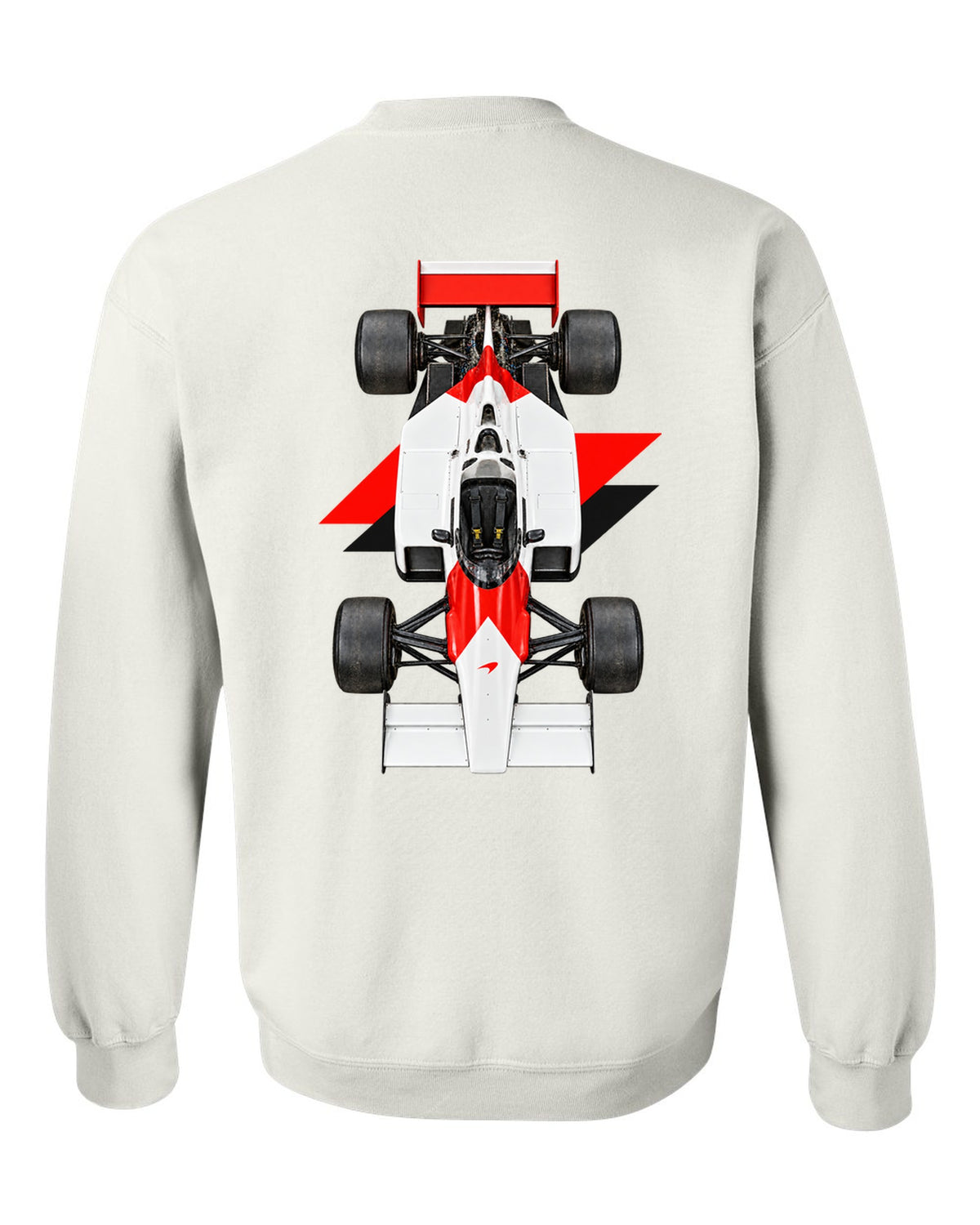Mclaren MP4 2B 1985 Formula 1 overhead poster artwork white crewneck back view with the design