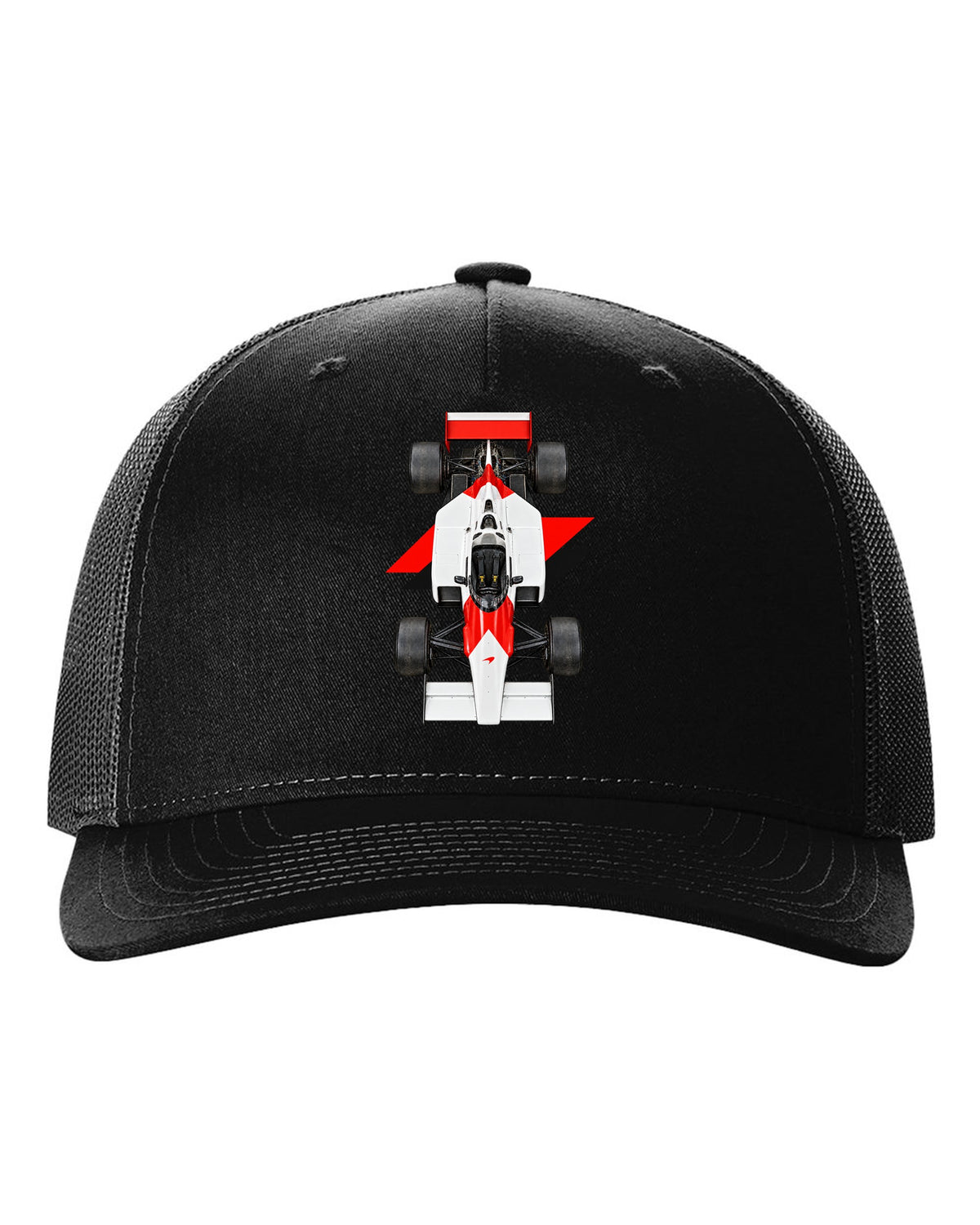 Mclaren MP4 2B 1985 Formula 1 overhead poster artwork black hat front view with the design