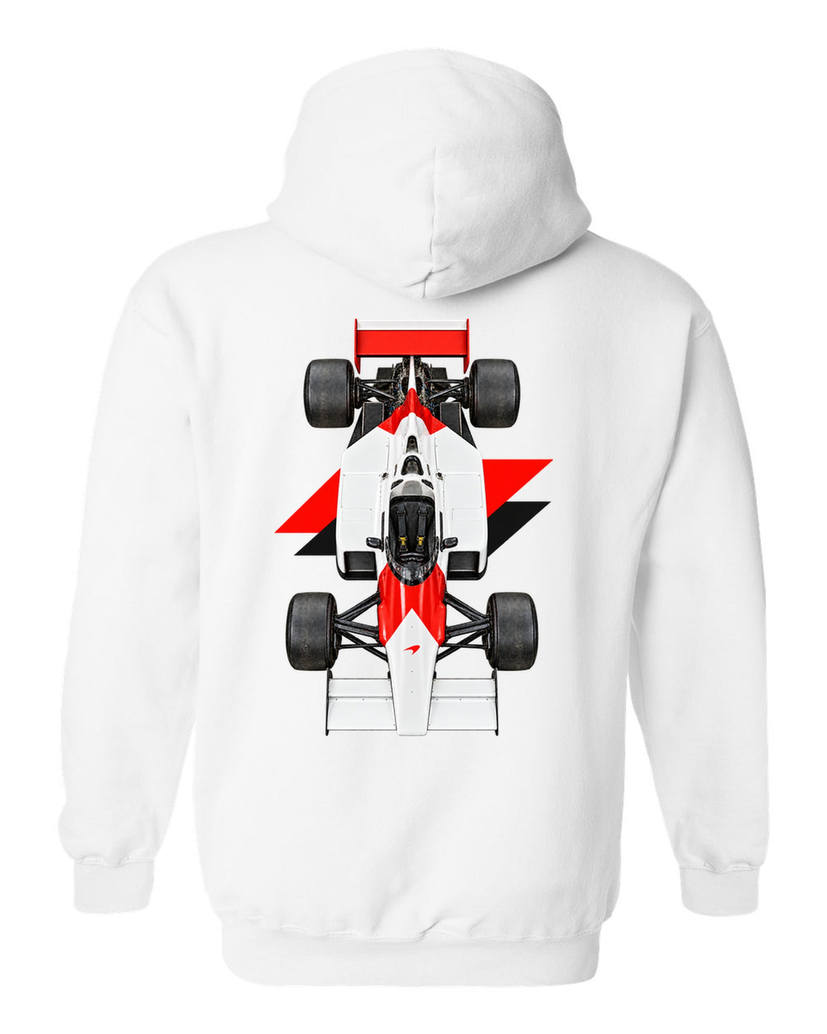 Mclaren MP4 2B 1985 Formula 1 overhead poster artwork white pull over hoodie back view with the design
