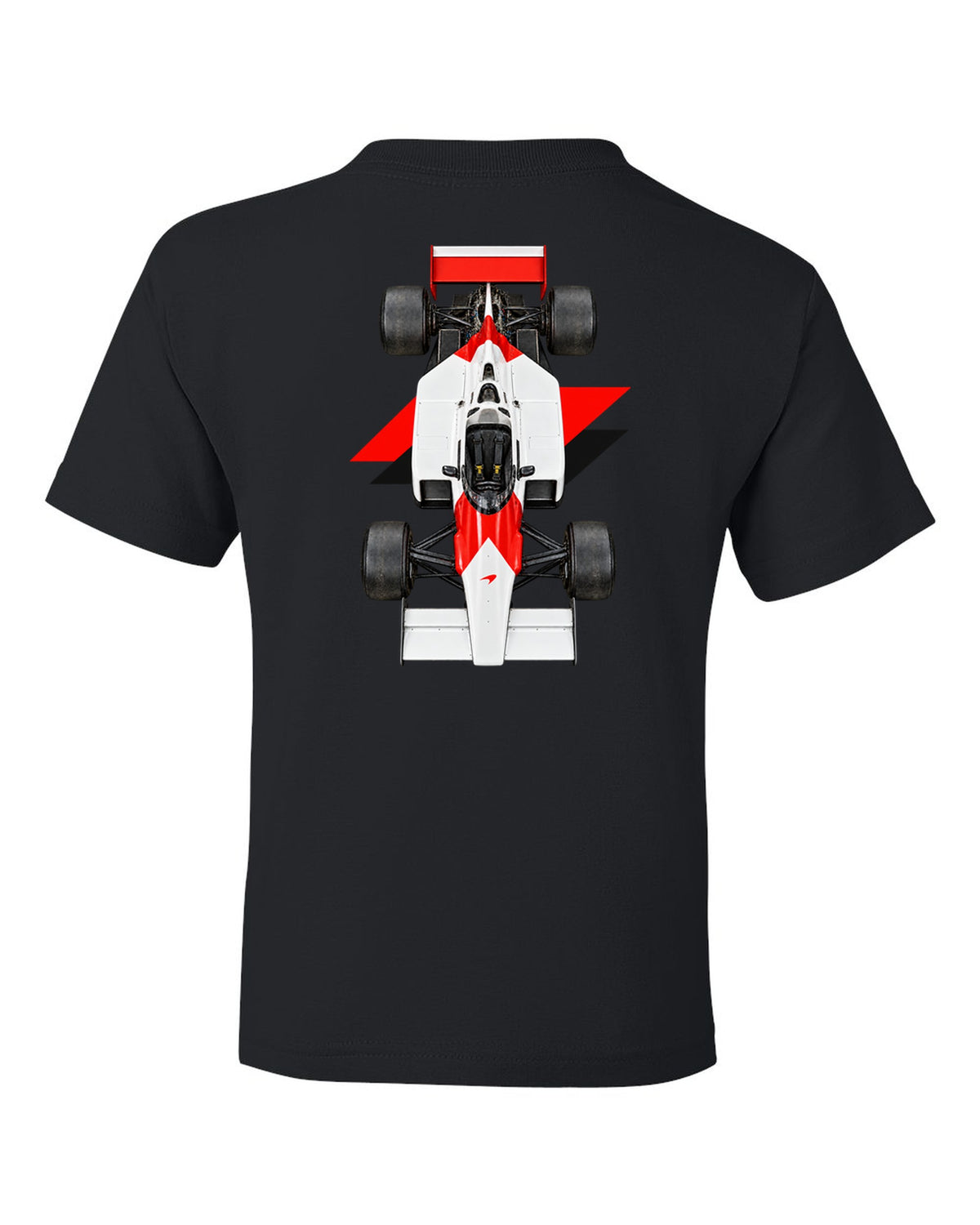 Mclaren MP4 2B 1985 Formula 1 overhead poster artwork black kids tee back view with the design