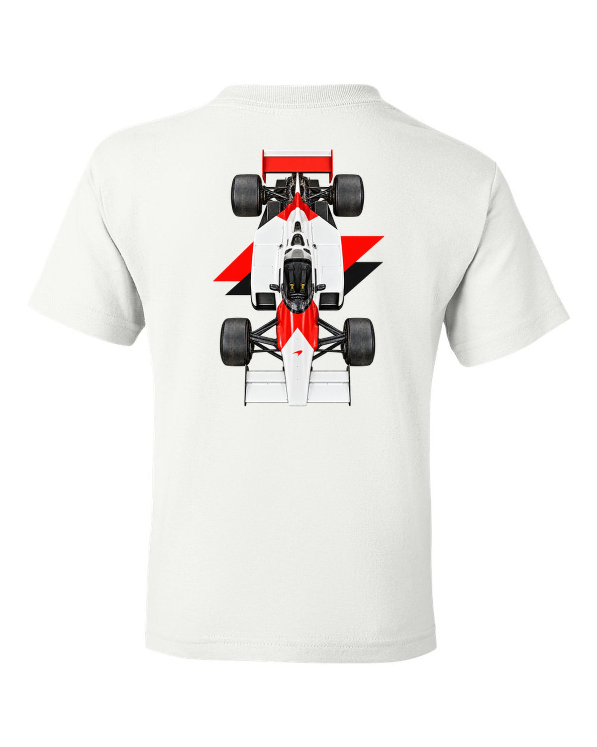 Mclaren MP4 2B 1985 Formula 1 overhead poster artwork white kids tee back view with the design