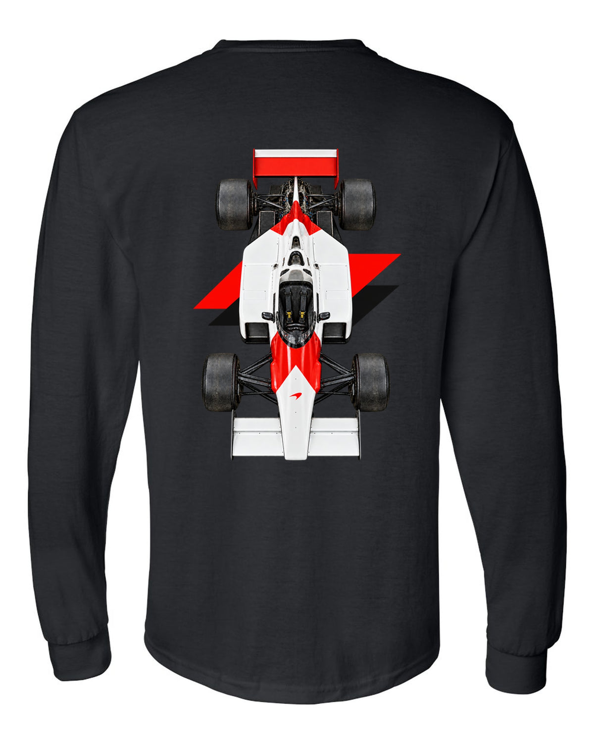 Mclaren MP4 2B 1985 Formula 1 overhead poster artwork black long sleeve back view with the design
