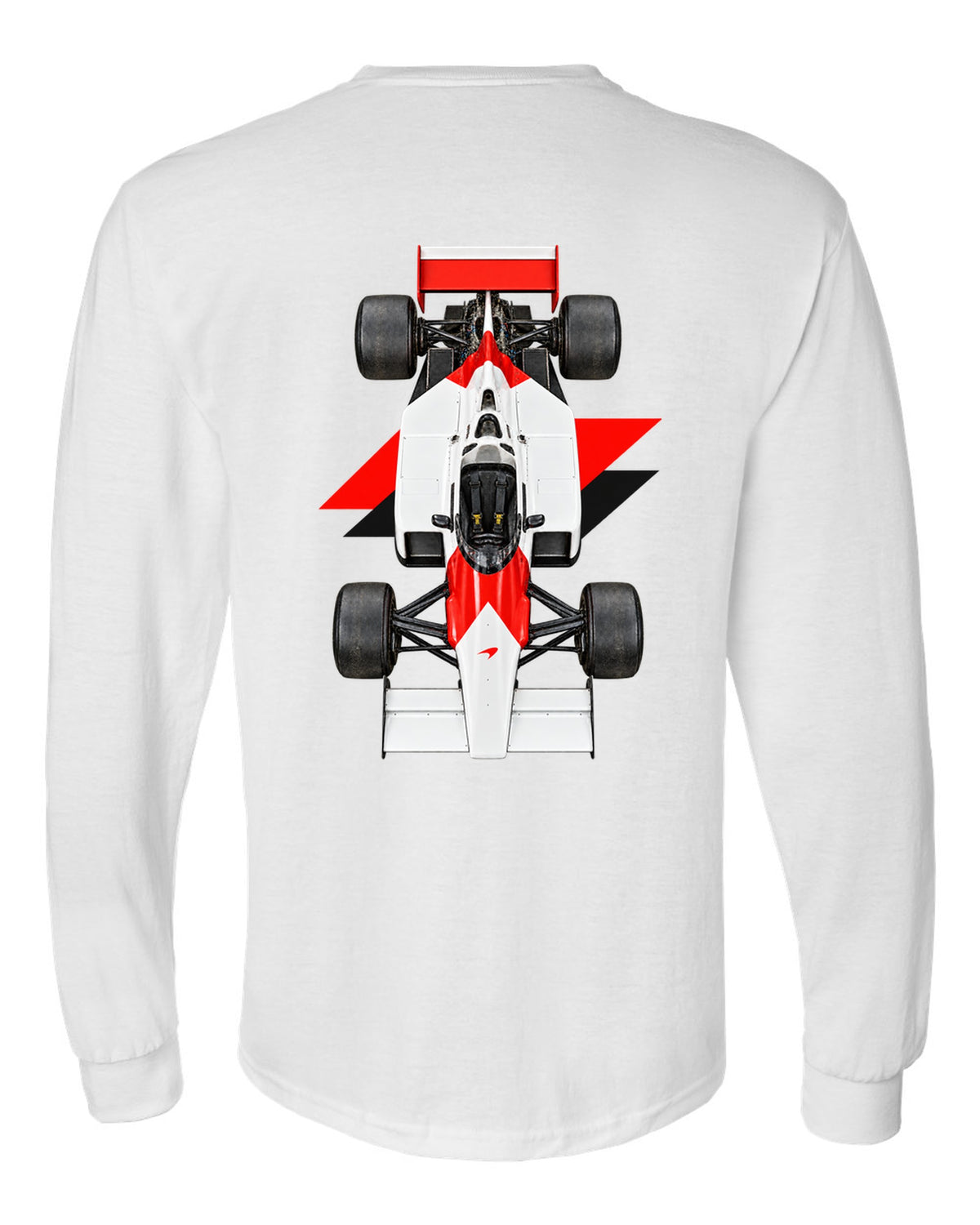 Mclaren MP4 2B 1985 Formula 1 overhead poster artwork white long sleeve back view with the design