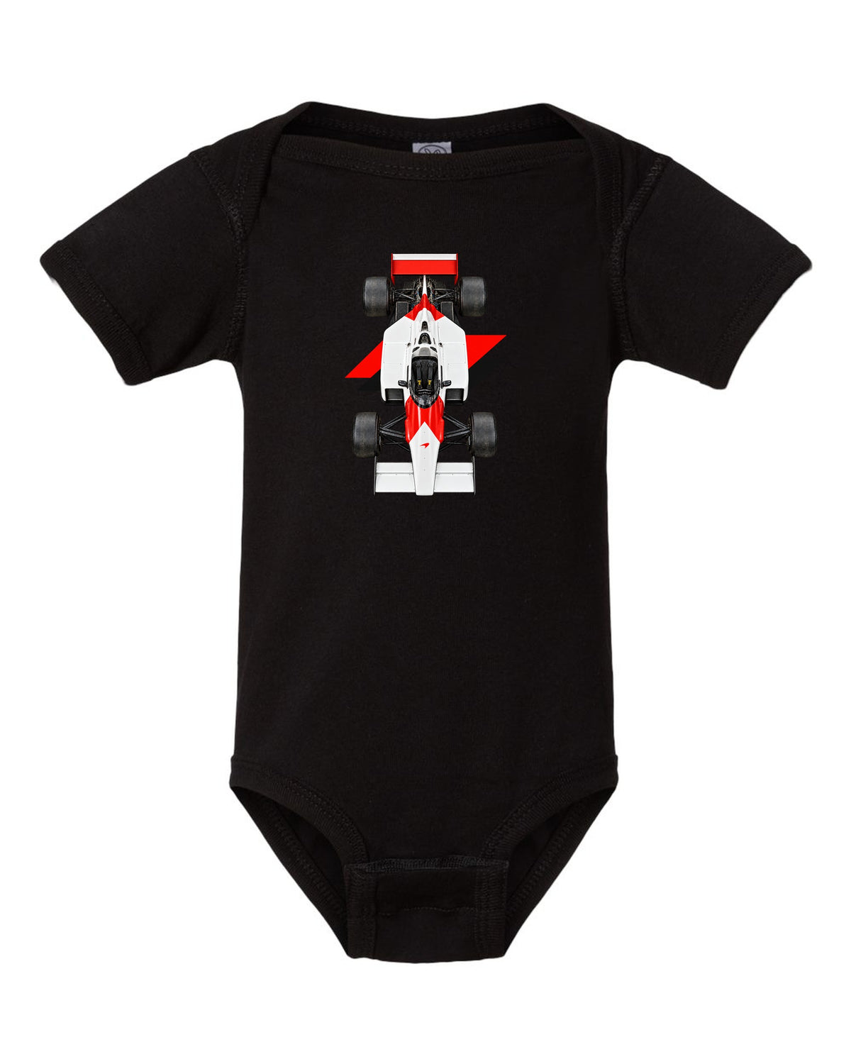 Mclaren MP4 2B 1985 Formula 1 overhead poster artwork black baby onesie front view with the design