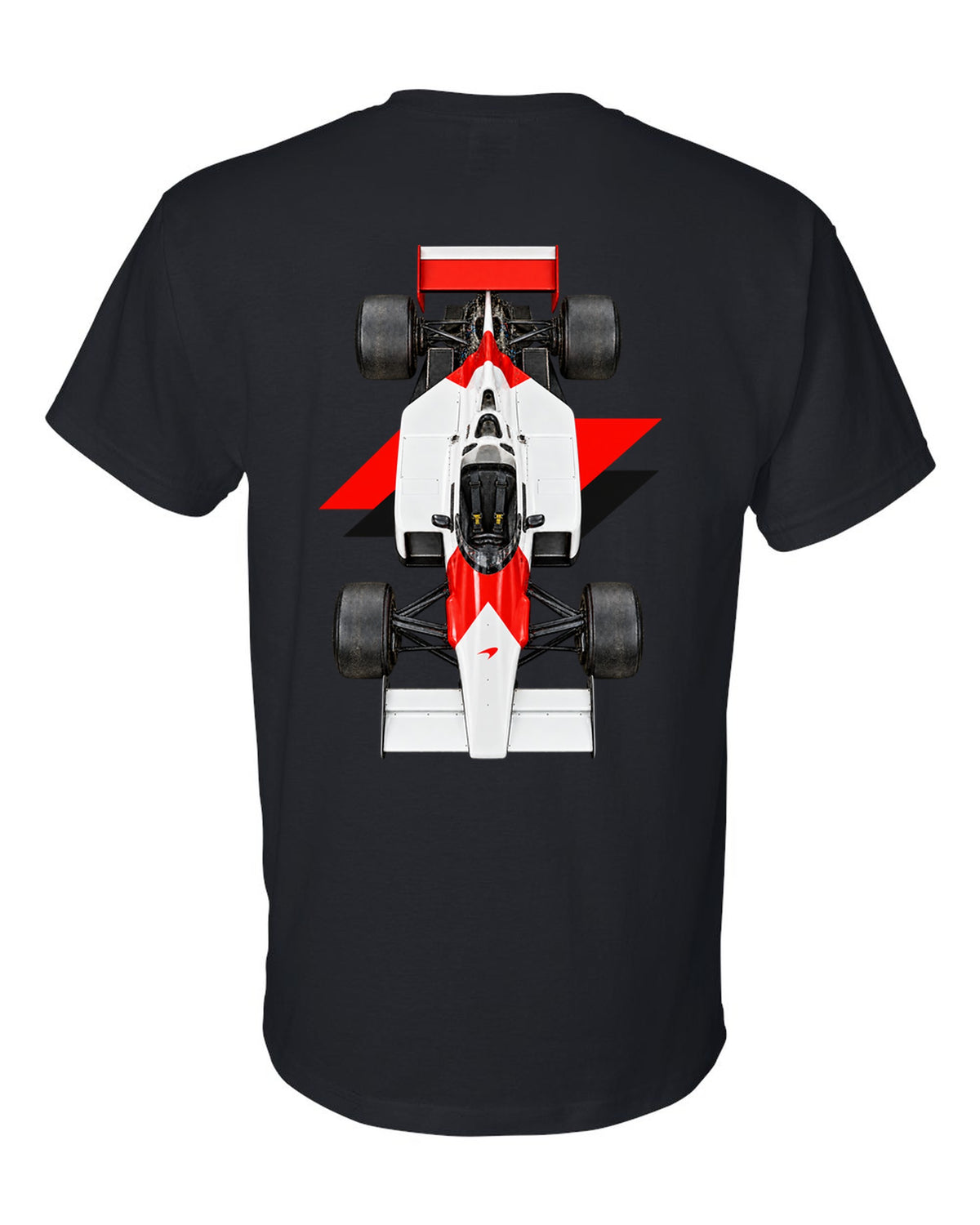 Mclaren MP4 2B 1985 Formula 1 overhead poster artwork black t-shirt back view with the design