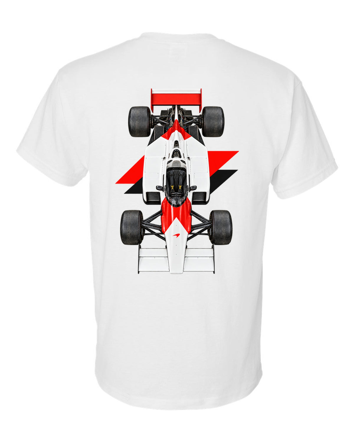 Mclaren MP4 2B 1985 Formula 1 overhead poster artwork white t-shirt back view with the design