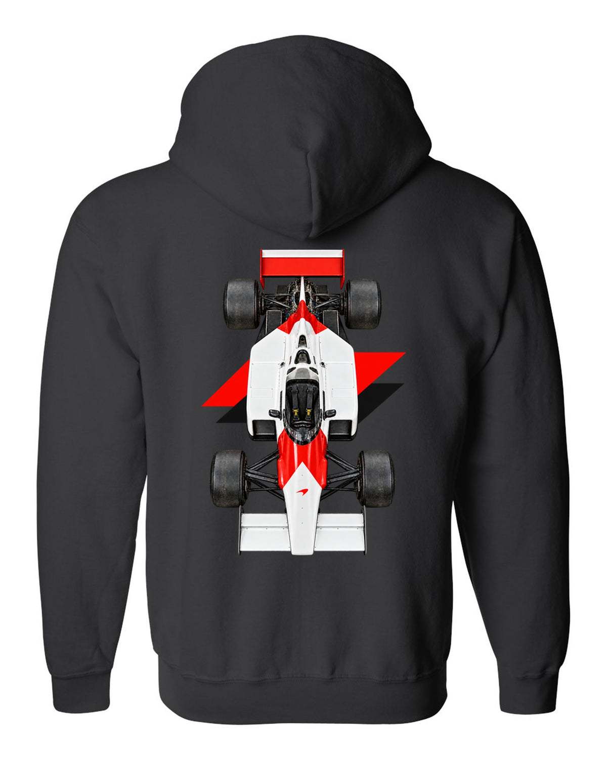 Mclaren MP4 2B 1985 Formula 1 overhead poster artwork black zip hoodie back view with the design