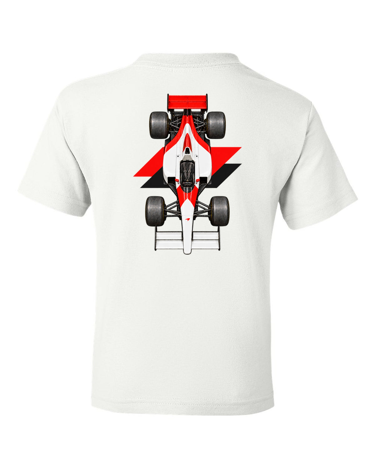 Mclaren MP4 4 1988 Formula 1 overhead poster artwork white kids tee back view with the design