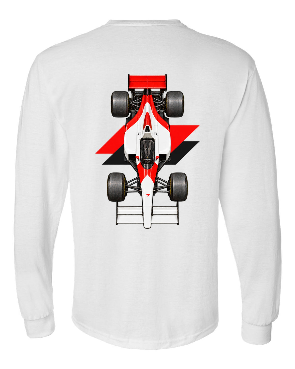 Mclaren MP4 4 1988 Formula 1 overhead poster artwork white long sleeve back view with the design
