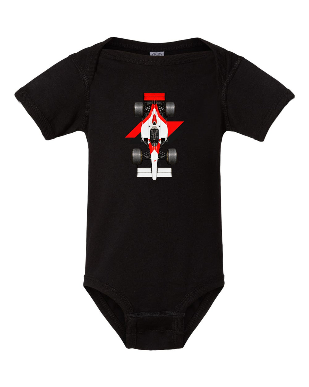 Mclaren MP4 4 1988 Formula 1 overhead poster artwork black baby onesie front view with the design