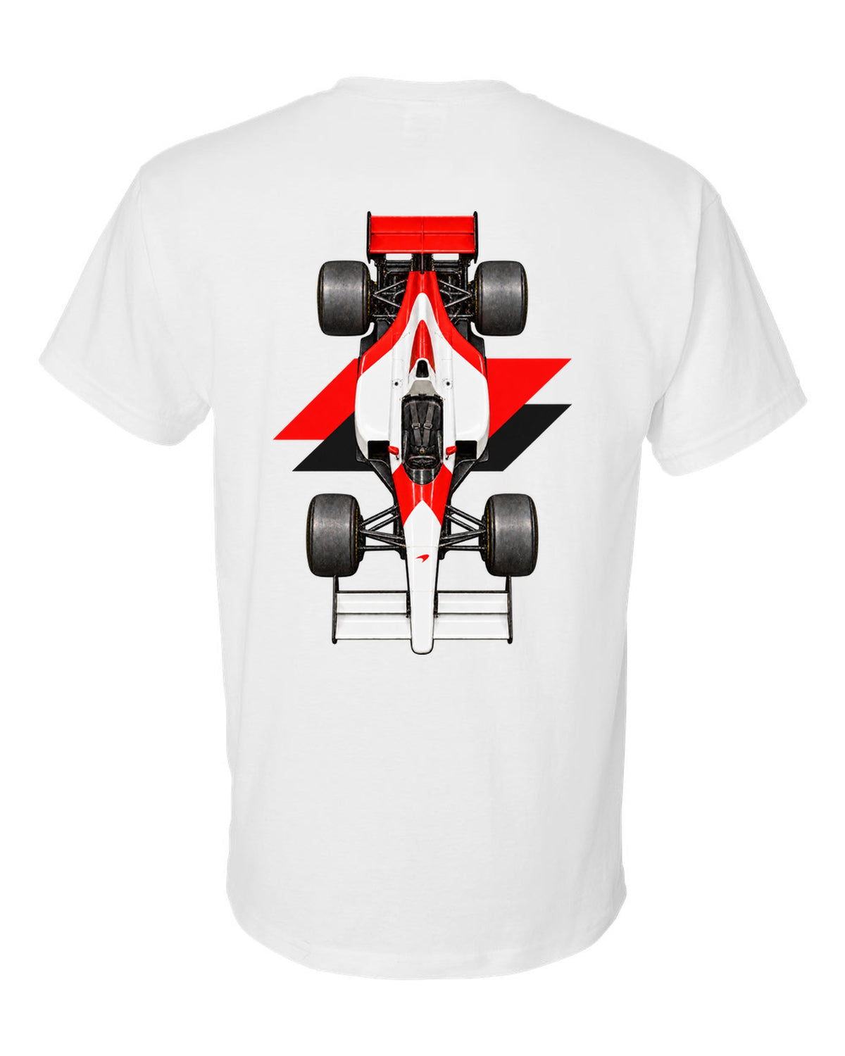 Mclaren MP4 4 1988 Formula 1 overhead poster artwork white t-shirt back view with the design