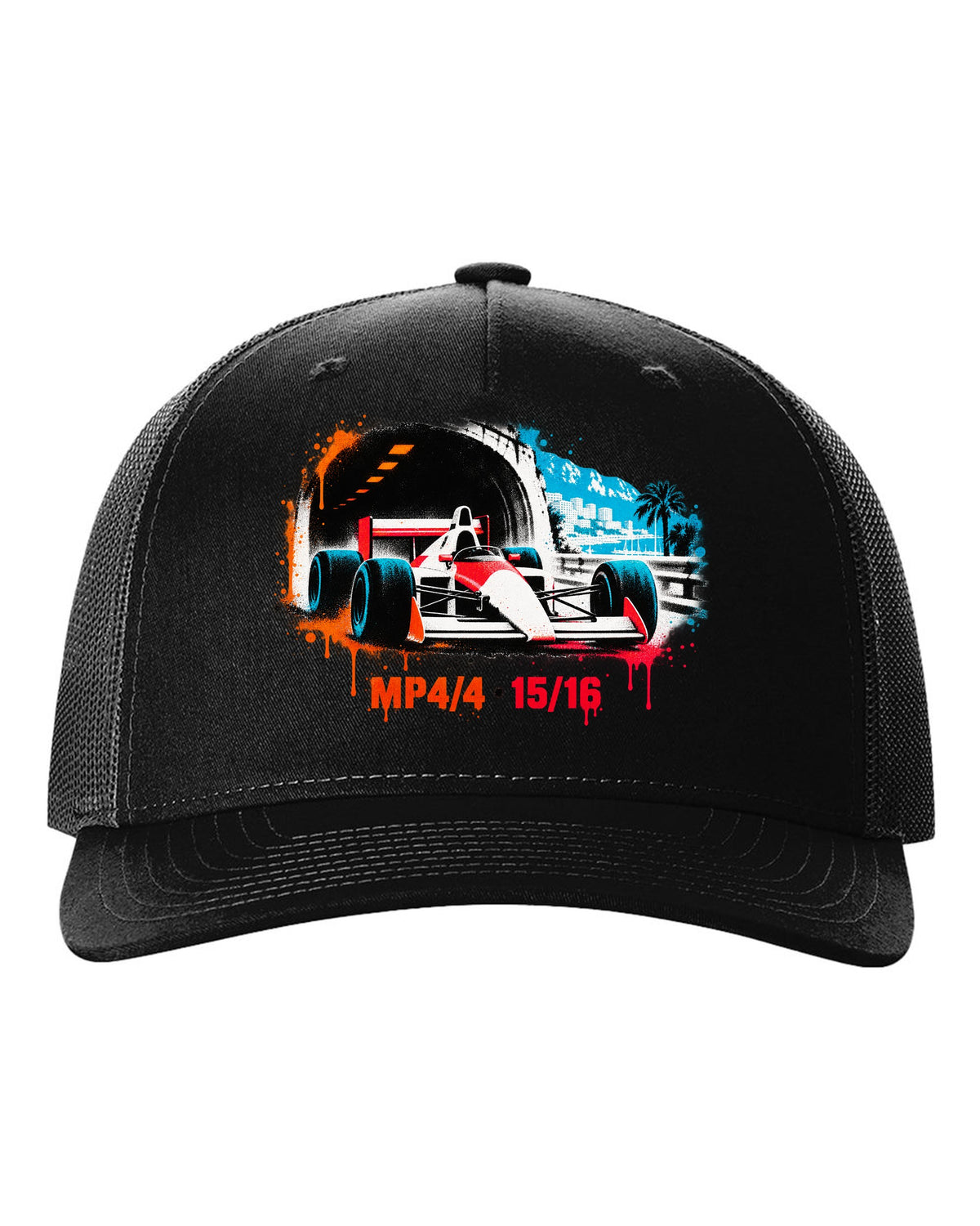 Stencil spray art of the McLaren MP4/4 Formula 1 car with 15/16 lettering black hat front view with the design