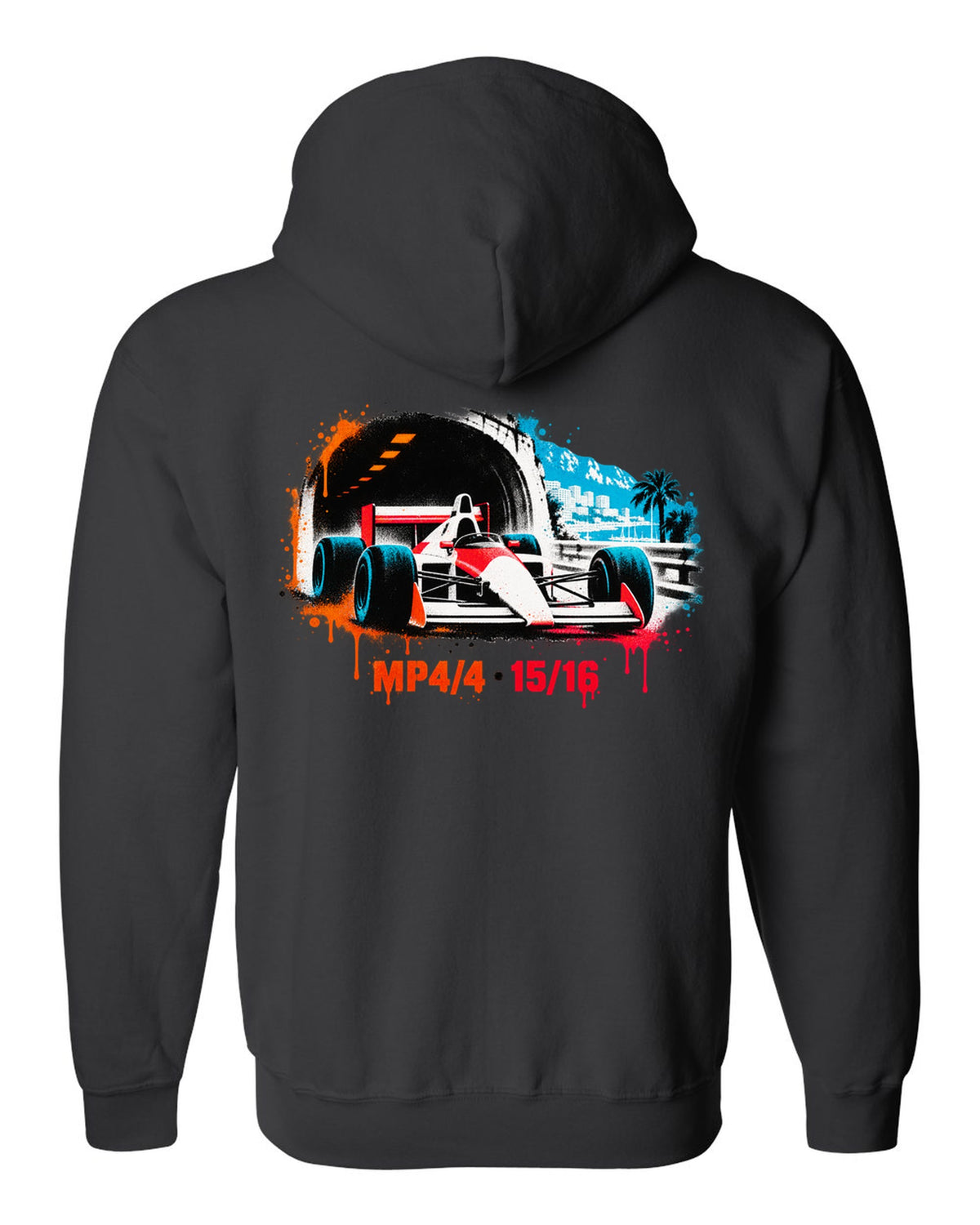 Stencil spray art of the McLaren MP4/4 Formula 1 car with 15/16 lettering black zip hoodie back view with the design