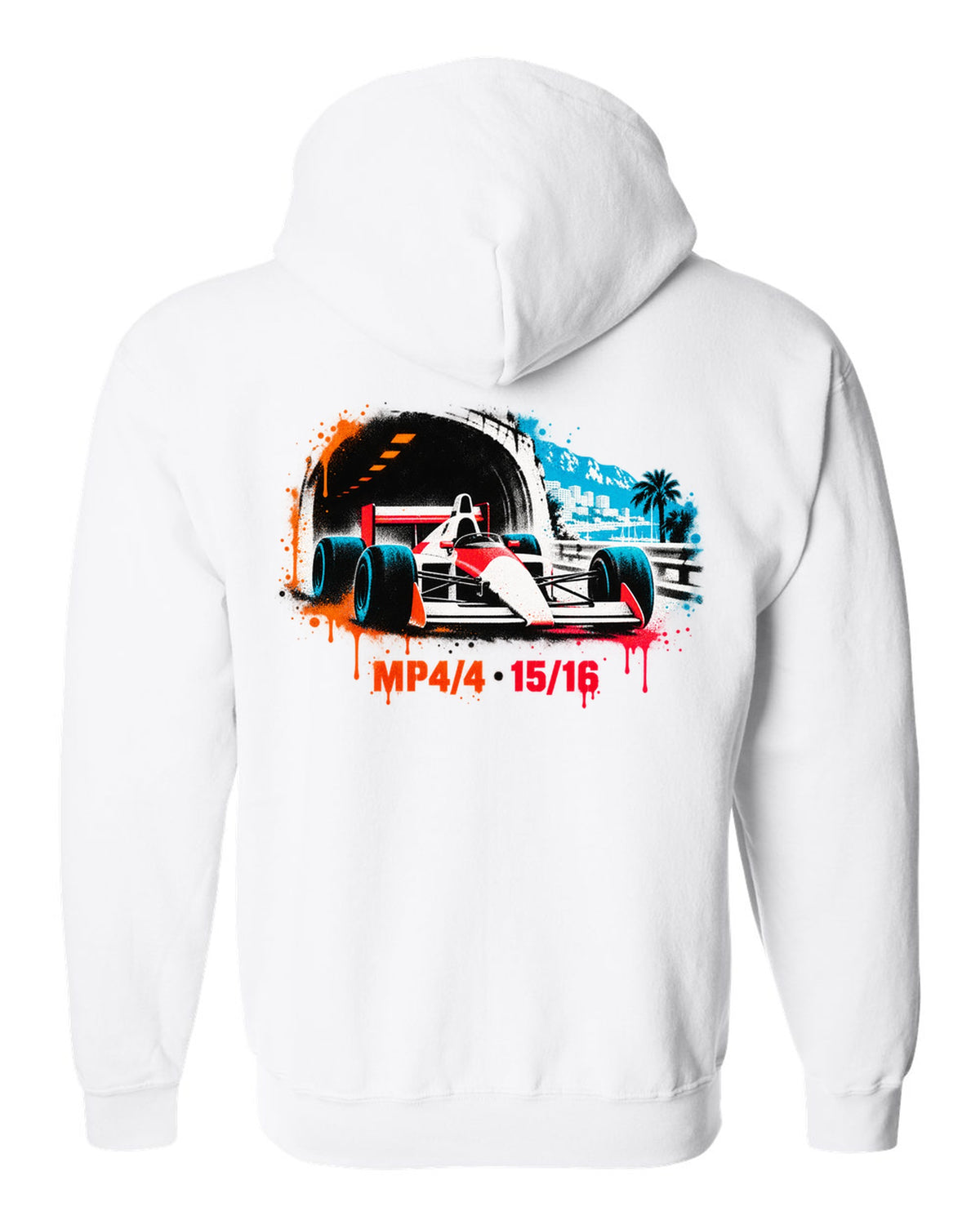 Stencil spray art of the McLaren MP4/4 Formula 1 car with 15/16 lettering white zip hoodie back view with the design