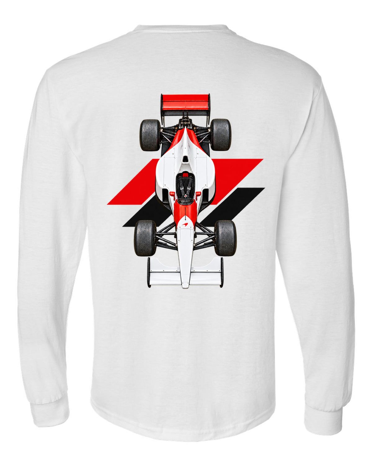 Mclaren MP4 6 1991 Formula 1 overhead poster artwork white long sleeve back view with the design