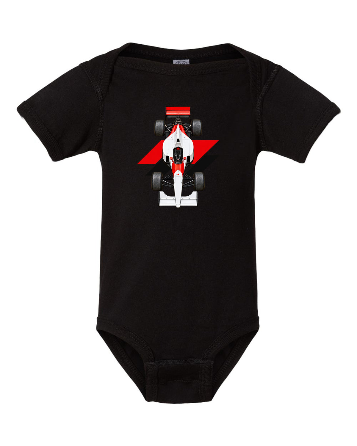 Mclaren MP4 6 1991 Formula 1 overhead poster artwork black baby onesie front view with the design