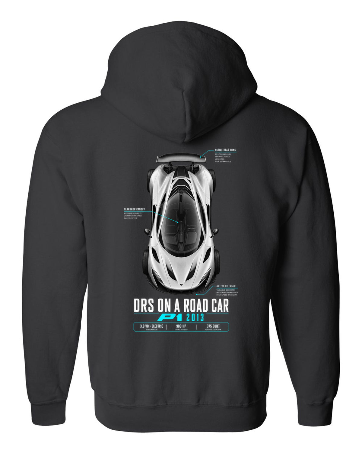 Spec poster print of a 2013 McLaren P1 with DRS on a road car text black zip hoodie back view with the design