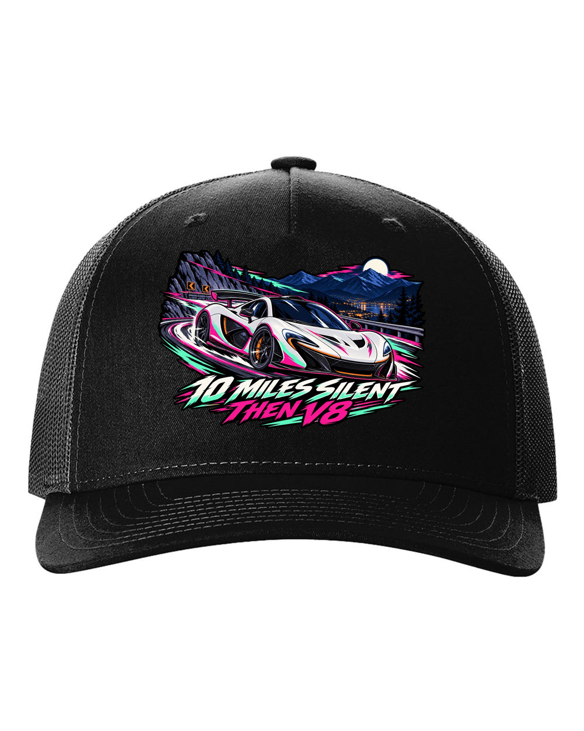 Cel-shaded anime night touge print of a McLaren P1 with 10 Miles Silent Then V8 lettering black hat front view with the design