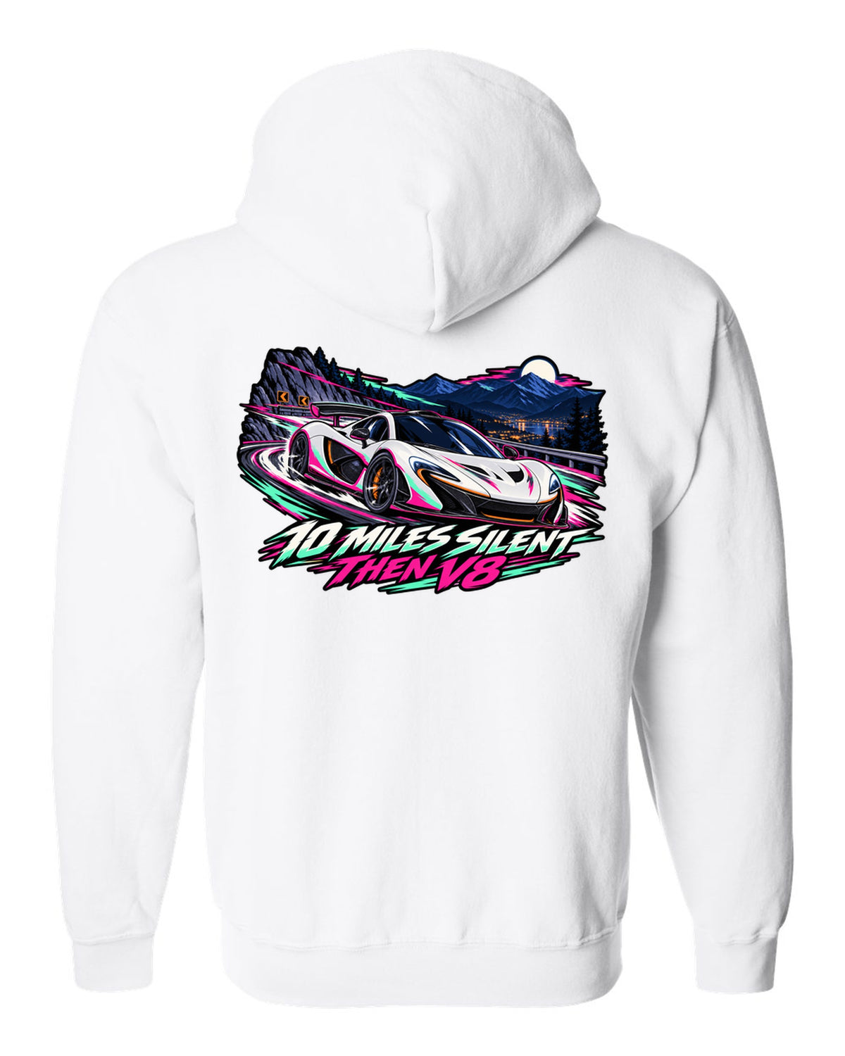 Cel-shaded anime night touge print of a McLaren P1 with 10 Miles Silent Then V8 lettering white zip hoodie back view with the design