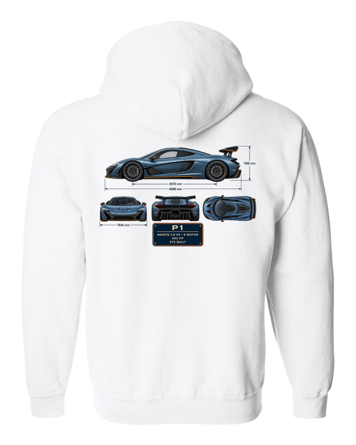 Steel blue dimension blueprint print of a McLaren P1, M838TQ V8 plus e-motor white zip hoodie back view with the design