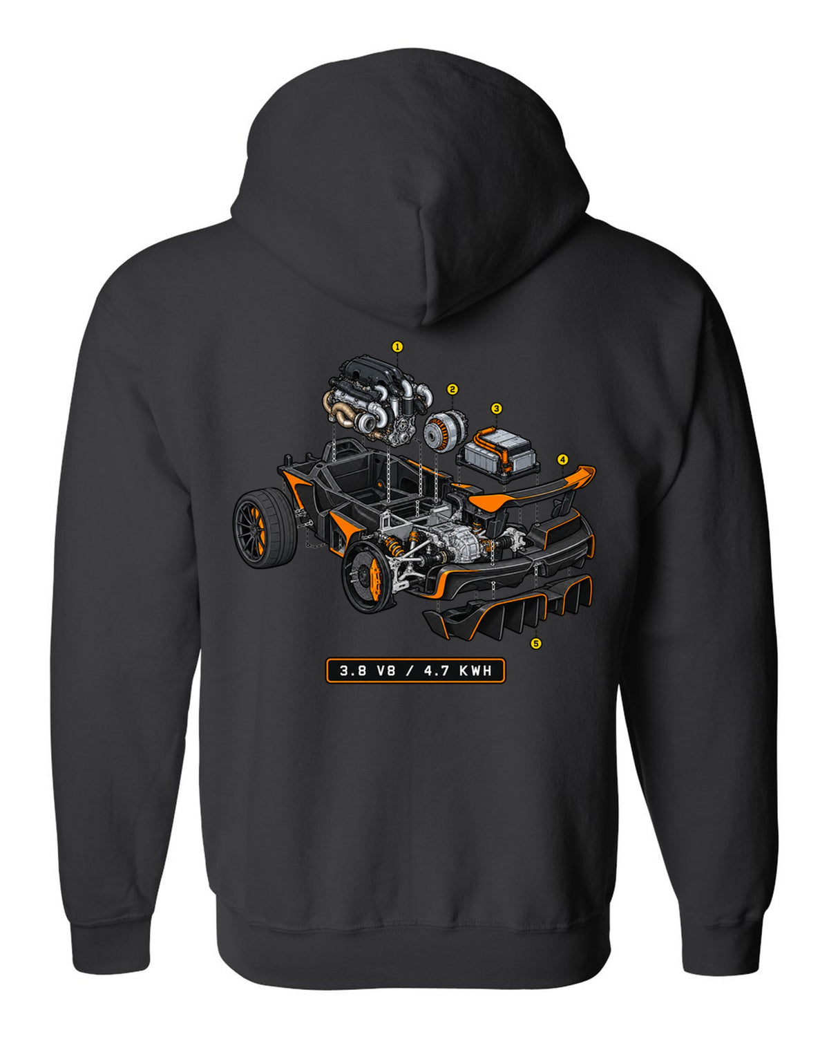 Exploded isometric cutaway print of the McLaren P1 with 3.8 V8 and 4.7 kWh lettering black zip hoodie back view with the design