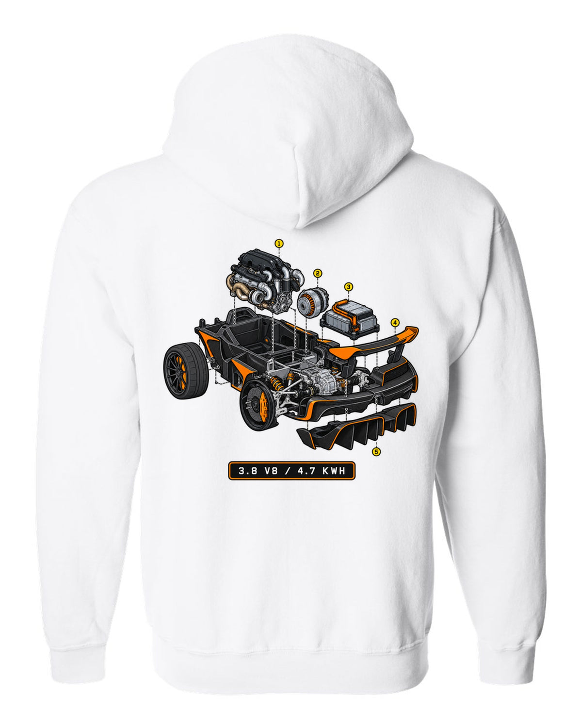 Exploded isometric cutaway print of the McLaren P1 with 3.8 V8 and 4.7 kWh lettering white zip hoodie back view with the design