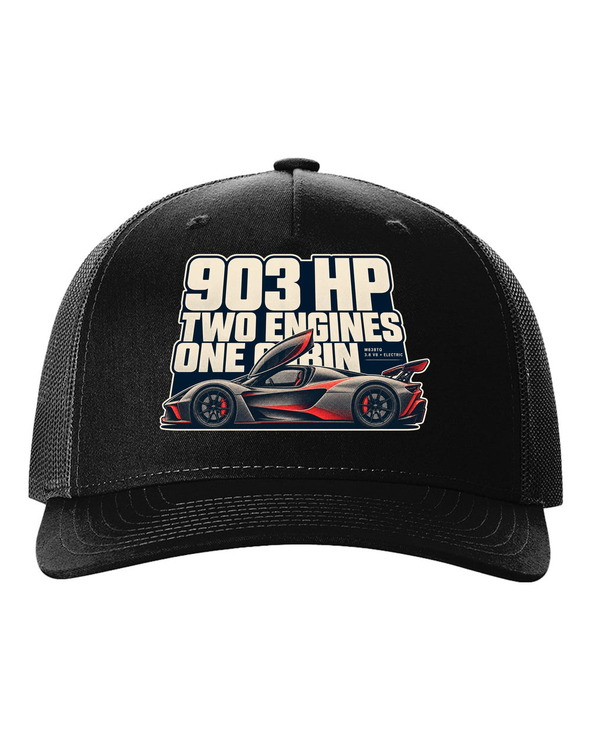 Halftone print of a McLaren P1 in warm grey and red, 903 HP two engines black hat front view with the design