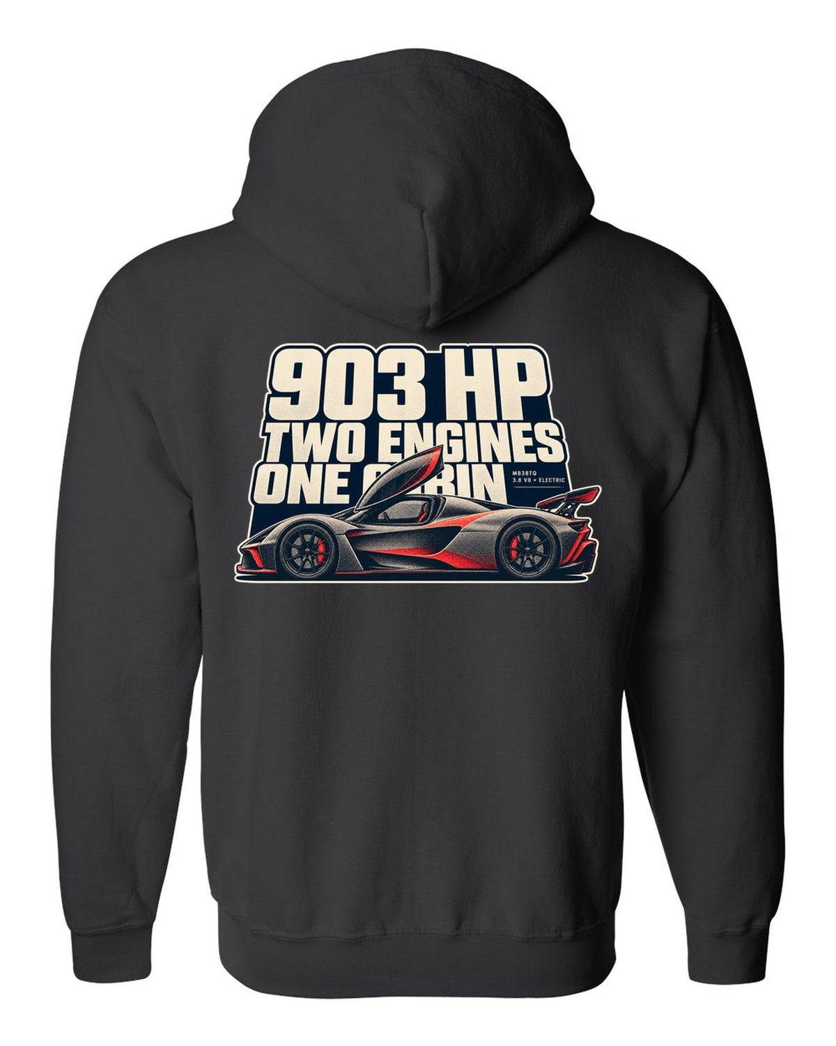 Halftone print of a McLaren P1 in warm grey and red, 903 HP two engines black zip hoodie back view with the design