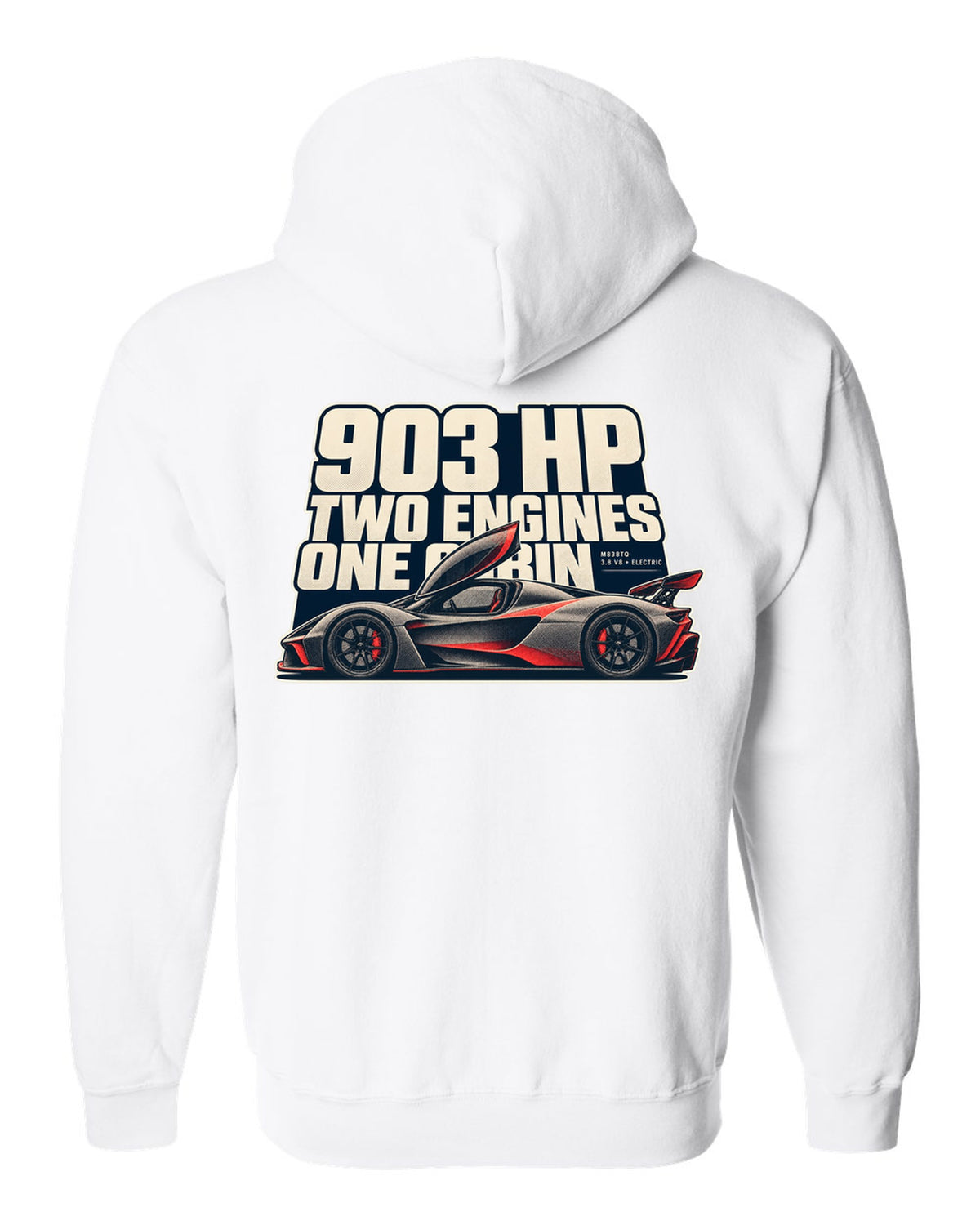 Halftone print of a McLaren P1 in warm grey and red, 903 HP two engines white zip hoodie back view with the design