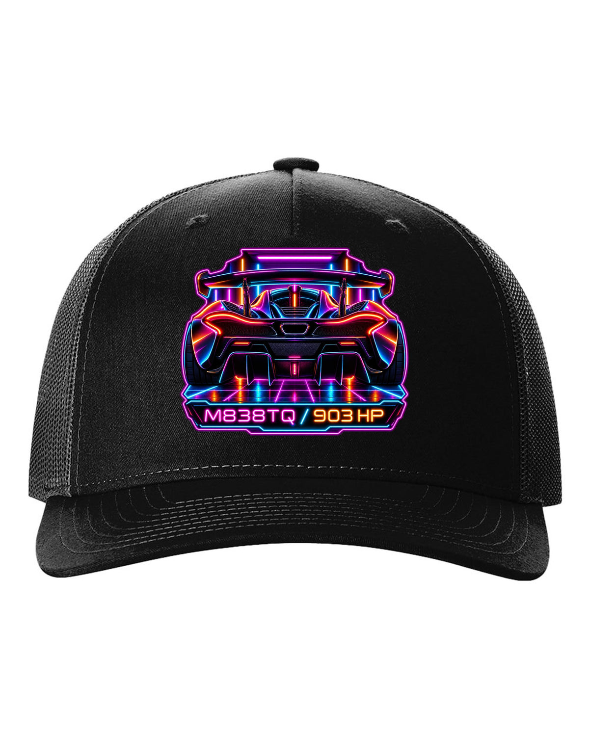 Synthwave neon print of the McLaren P1 with M838TQ and 903 HP lettering black hat front view with the design