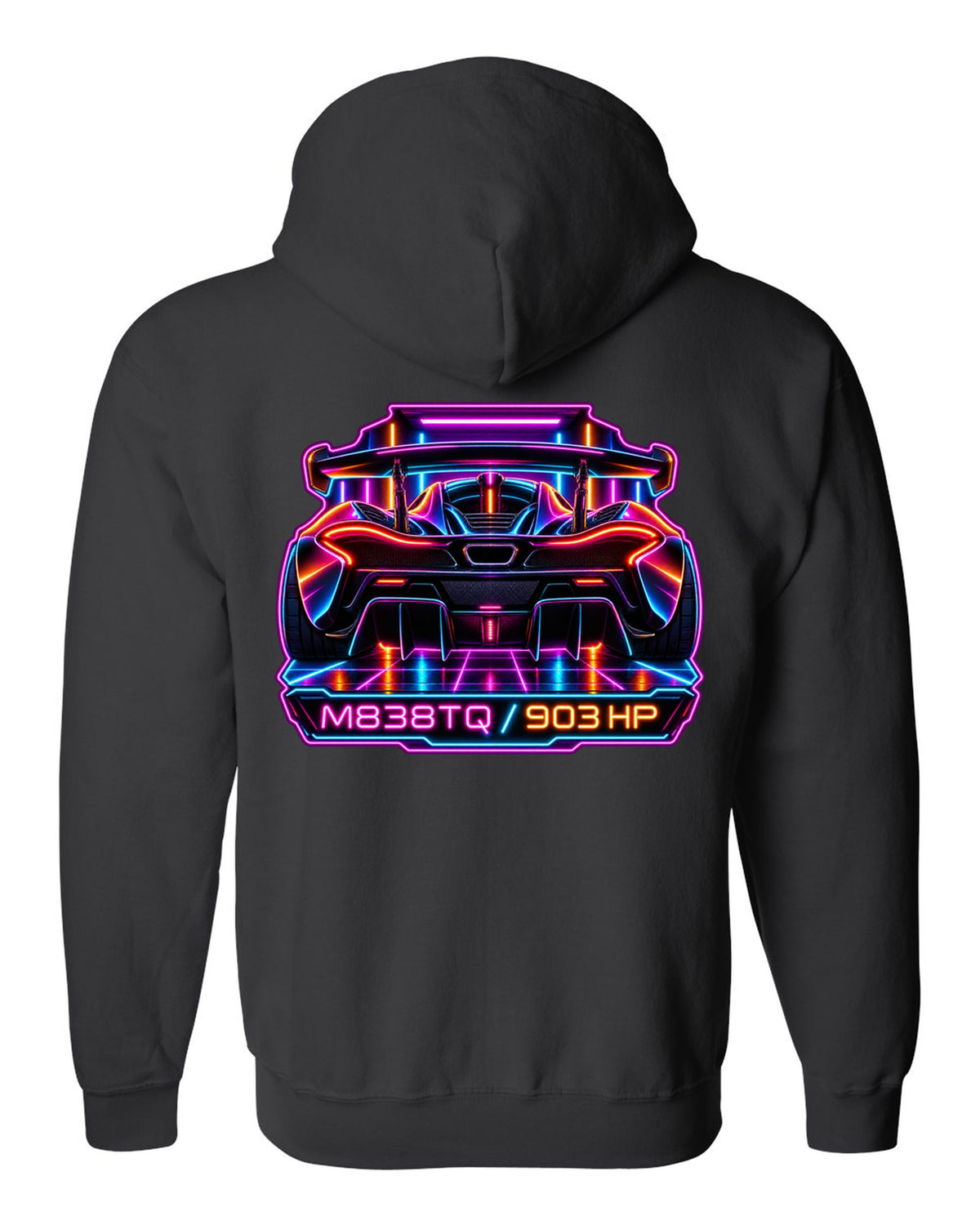 Synthwave neon print of the McLaren P1 with M838TQ and 903 HP lettering black zip hoodie back view with the design