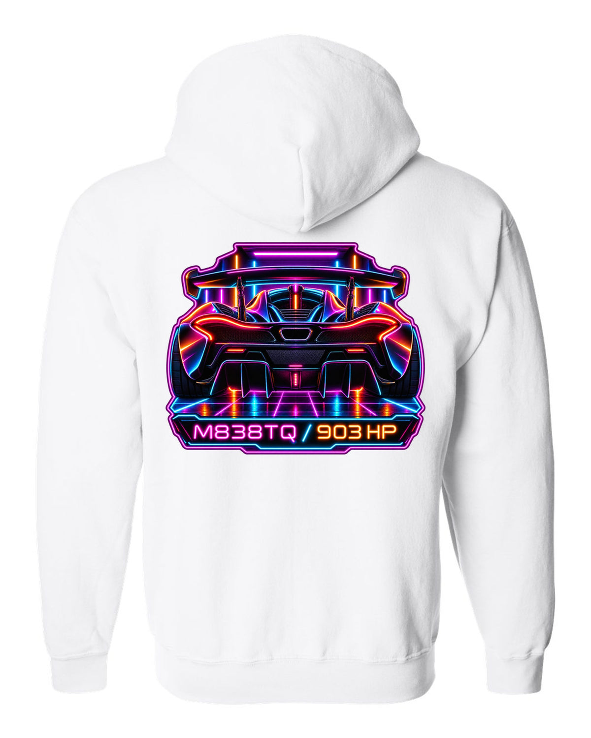 Synthwave neon print of the McLaren P1 with M838TQ and 903 HP lettering white zip hoodie back view with the design
