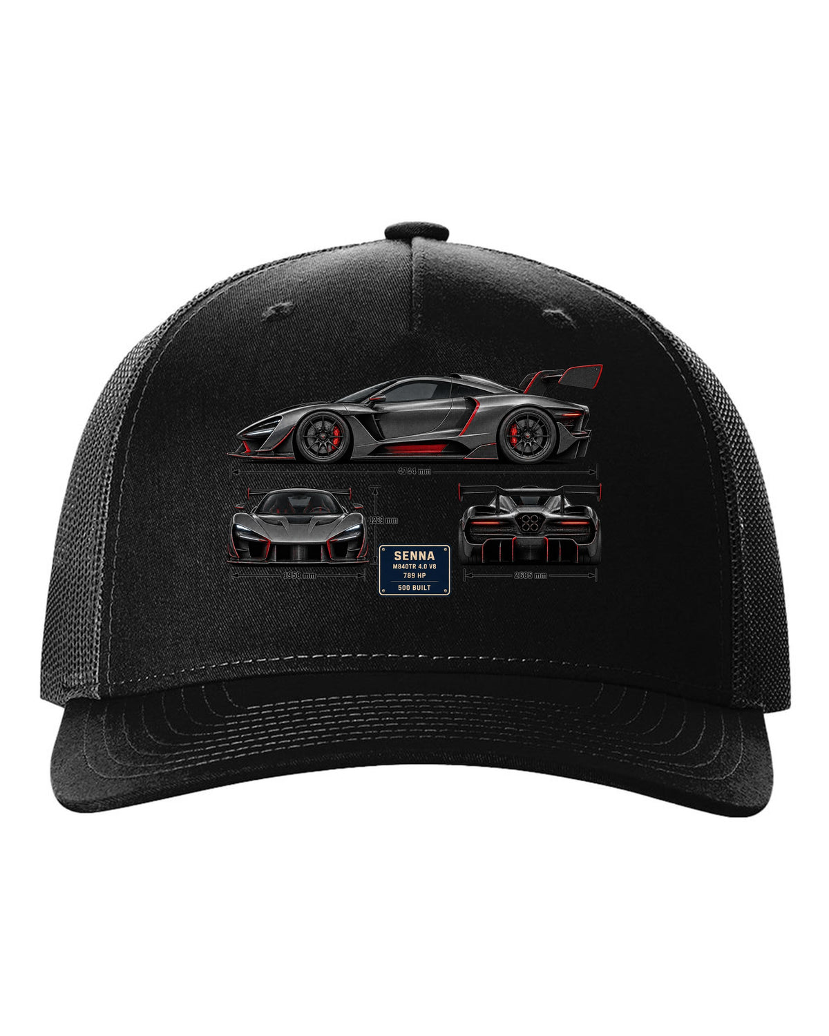 Three-view and spec table print of a McLaren Senna in graphite and red black hat front view with the design