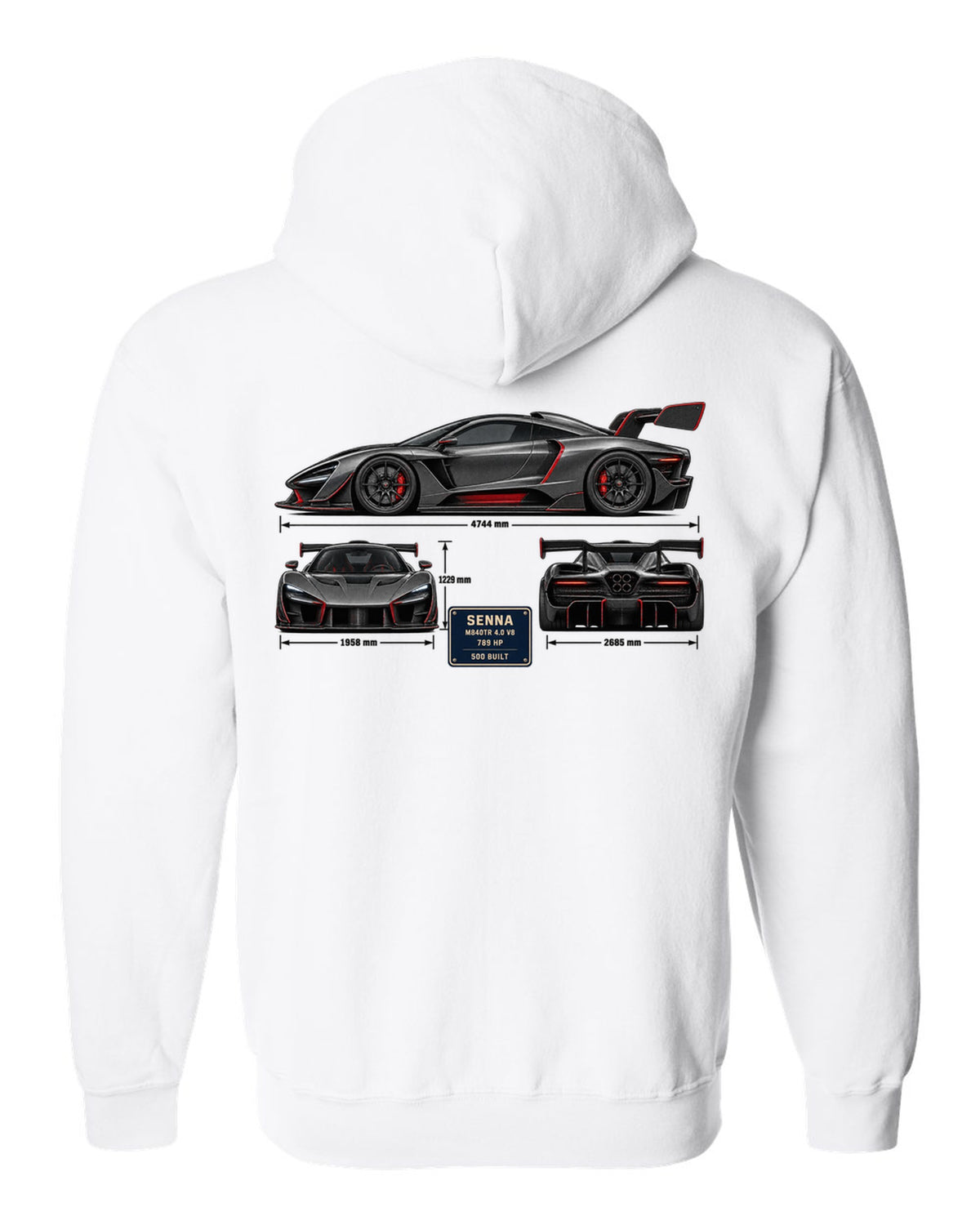 Three-view and spec table print of a McLaren Senna in graphite and red white zip hoodie back view with the design