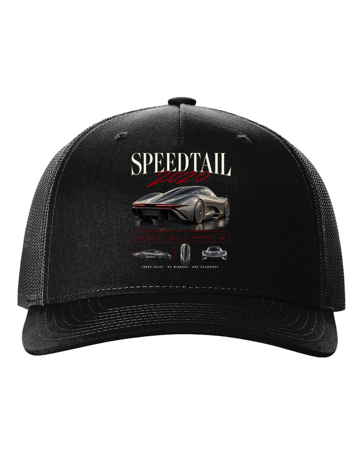 Archive panel print of a 2020 McLaren Speedtail with three seats and no mirrors text black hat front view with the design