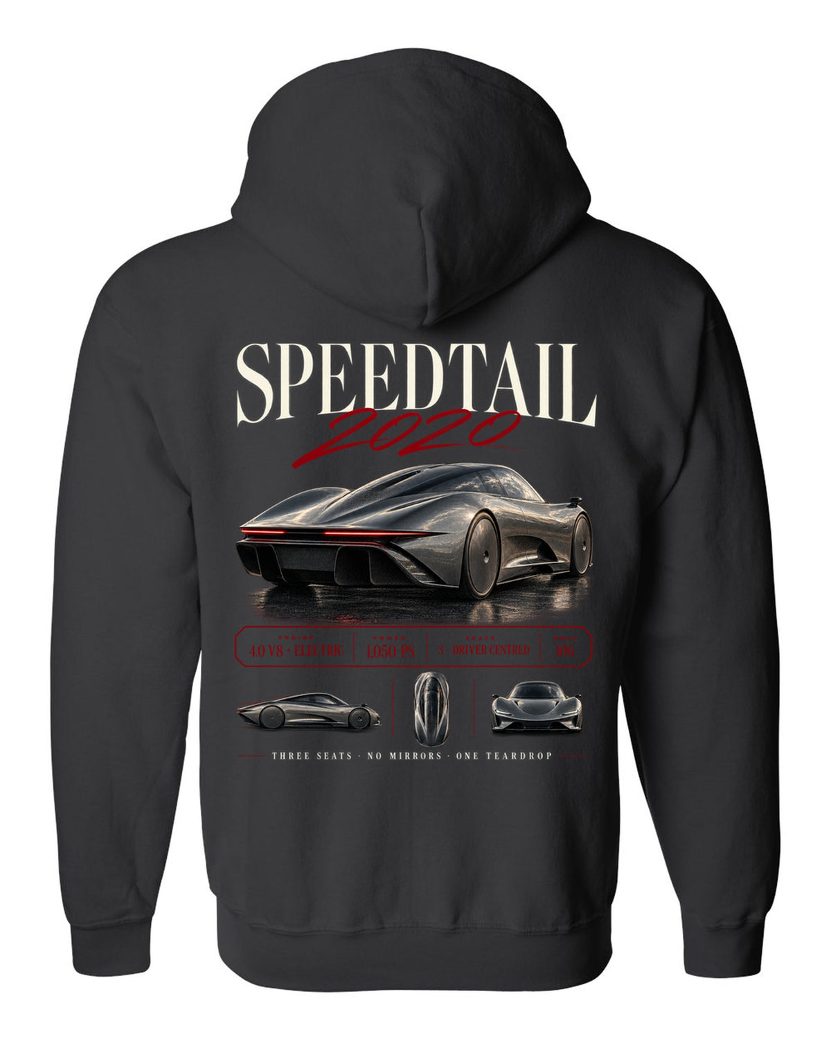 Archive panel print of a 2020 McLaren Speedtail with three seats and no mirrors text black zip hoodie back view with the design