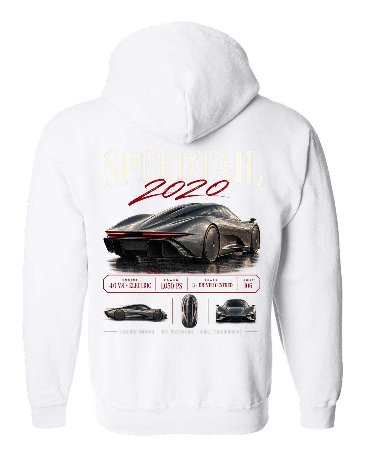 Archive panel print of a 2020 McLaren Speedtail with three seats and no mirrors text white zip hoodie back view with the design