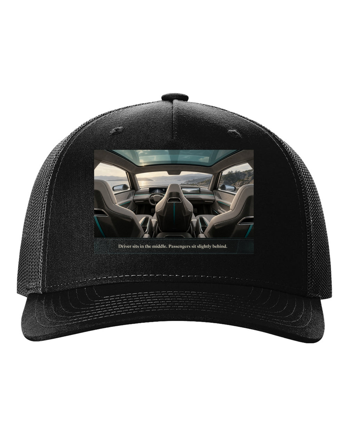 Cockpit print of a McLaren Speedtail interior with a centre driving seat black hat front view with the design