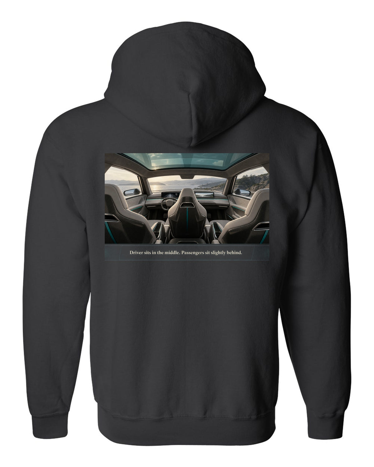 Cockpit print of a McLaren Speedtail interior with a centre driving seat black zip hoodie back view with the design