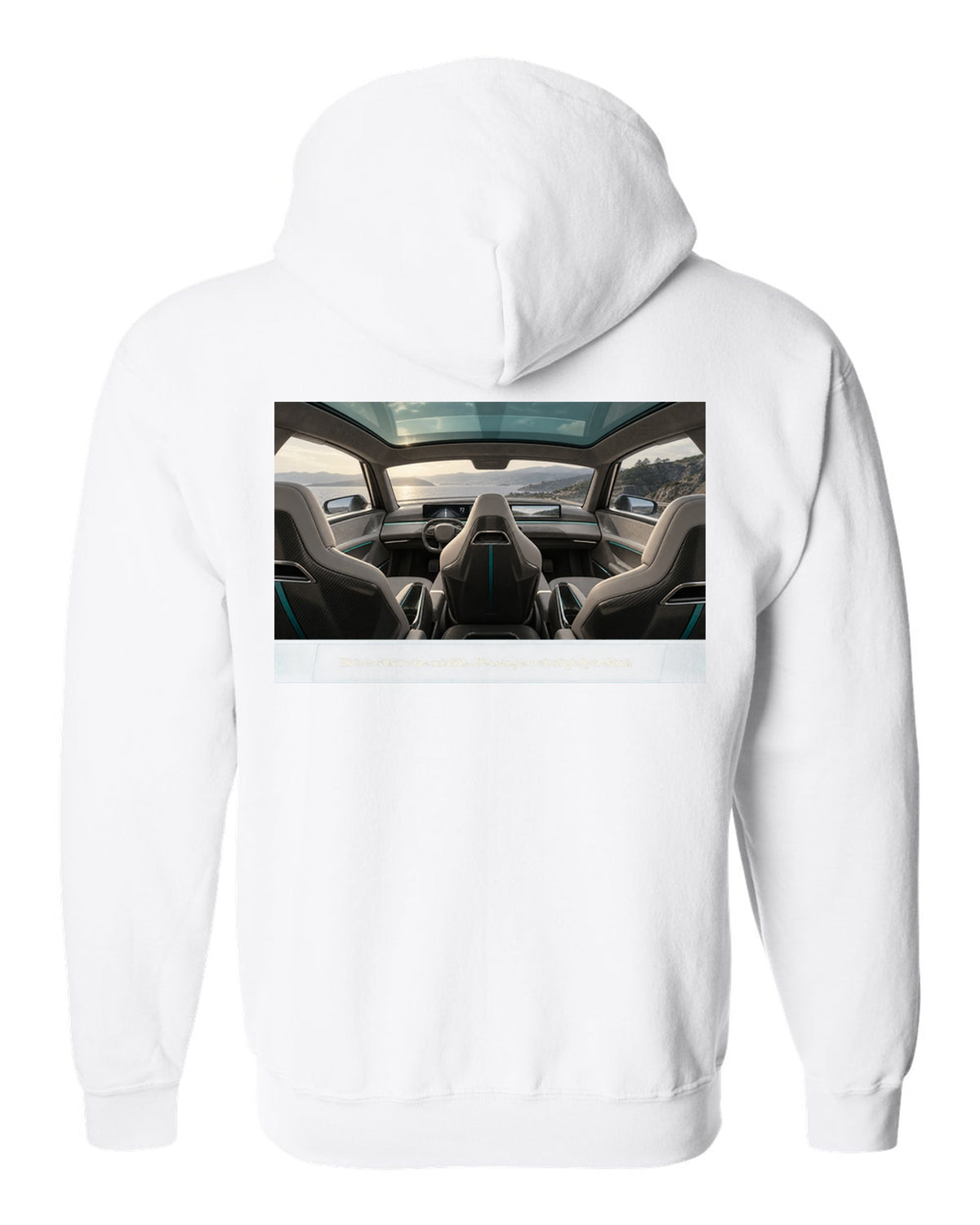 Cockpit print of a McLaren Speedtail interior with a centre driving seat white zip hoodie back view with the design