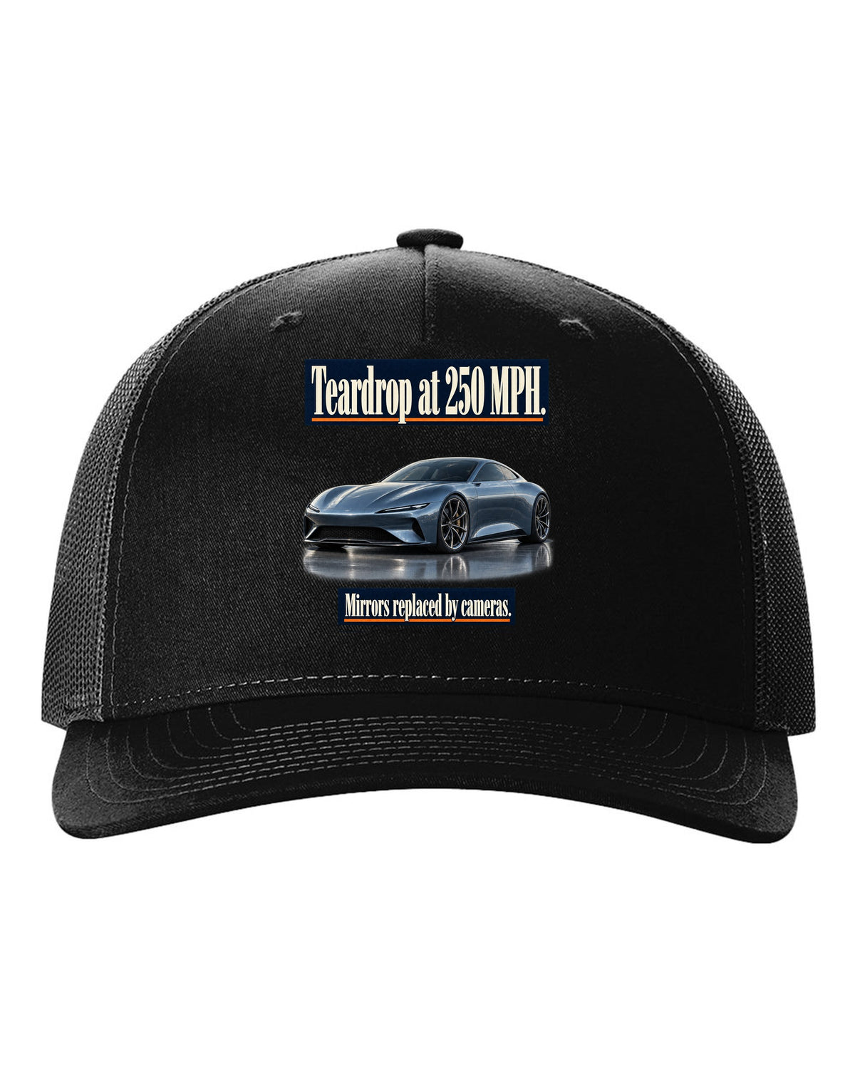 Editorial headline print of a steel blue McLaren Speedtail black hat front view with the design