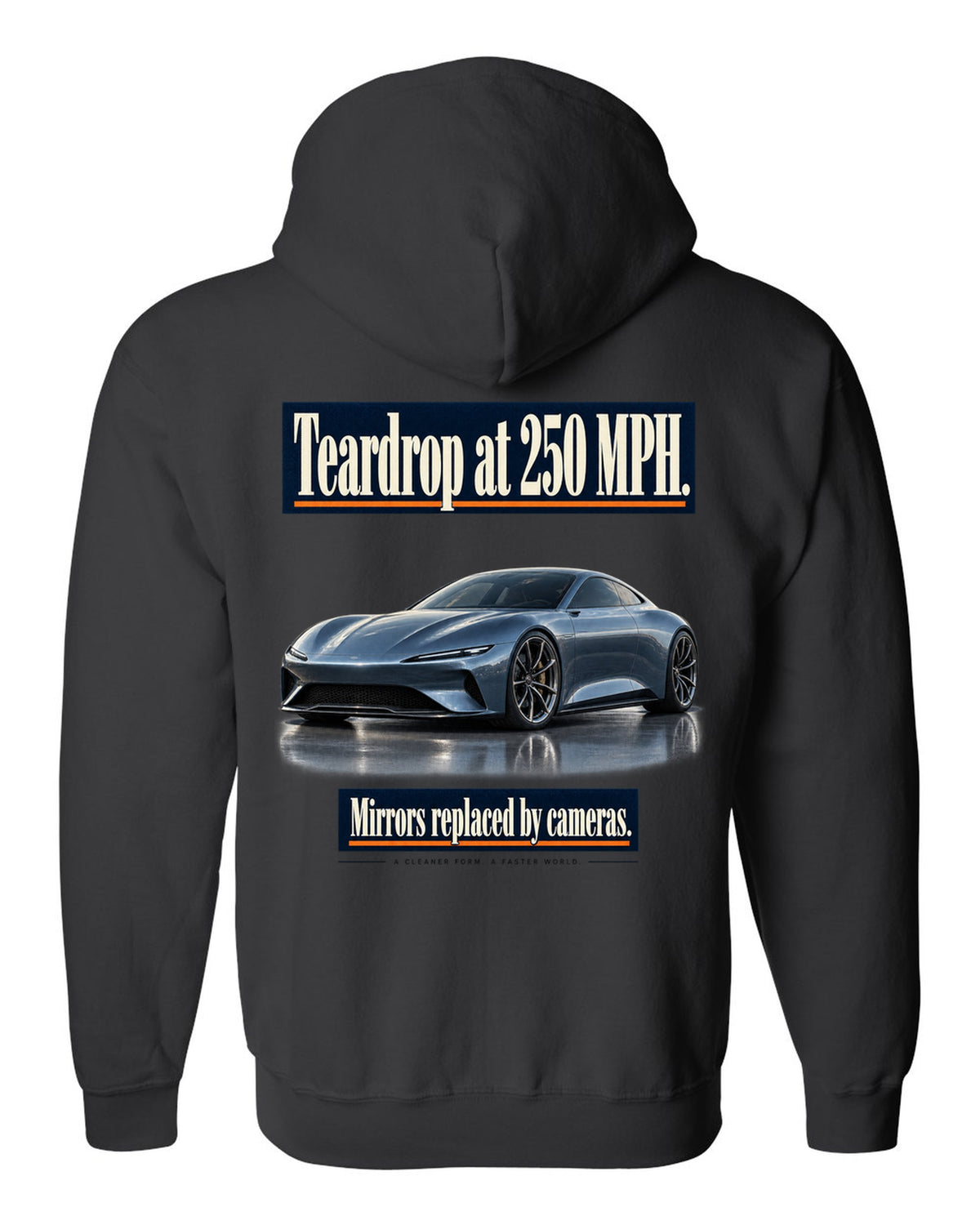 Editorial headline print of a steel blue McLaren Speedtail black zip hoodie back view with the design