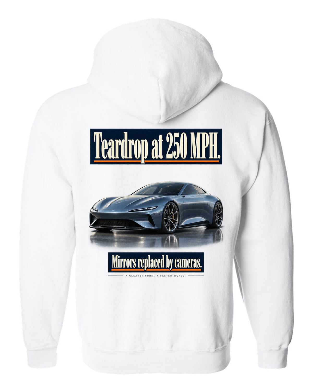 Editorial headline print of a steel blue McLaren Speedtail white zip hoodie back view with the design