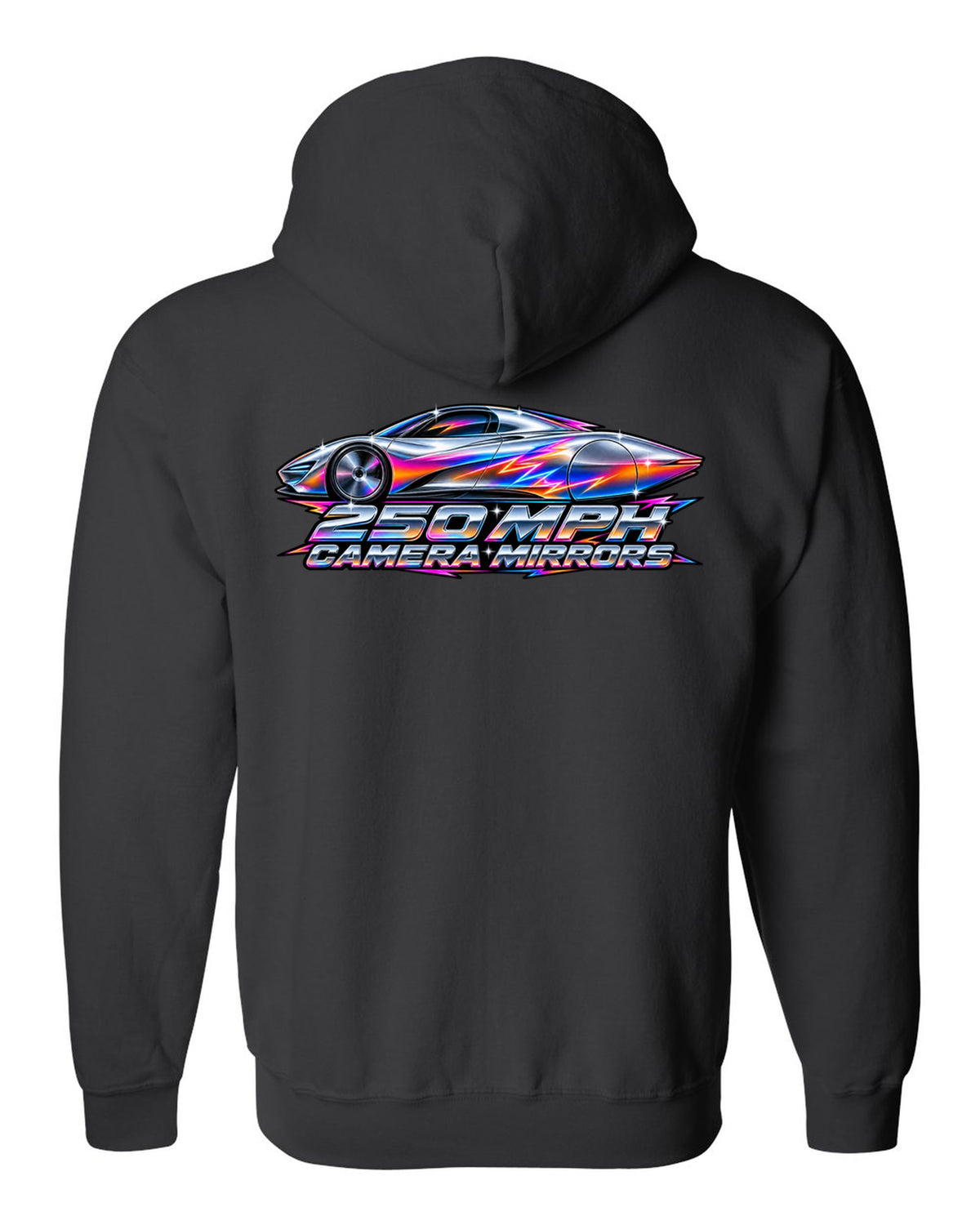 McLaren Speedtail in 80s airbrush chrome style with 250 MPH and camera mirrors lettering black zip hoodie back view with the design