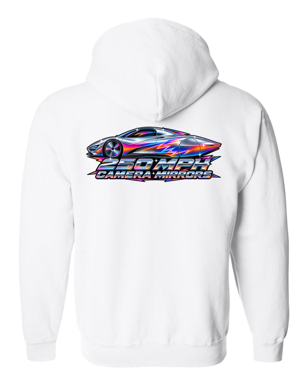 McLaren Speedtail in 80s airbrush chrome style with 250 MPH and camera mirrors lettering white zip hoodie back view with the design