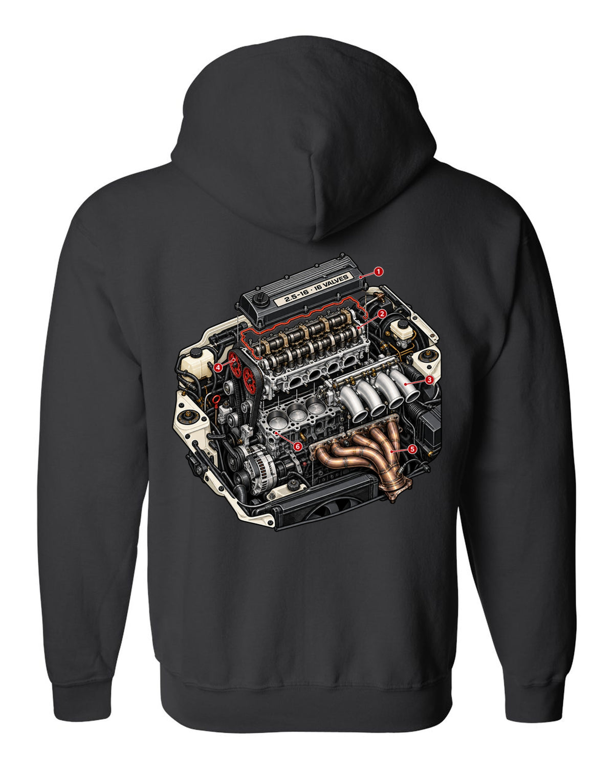Exploded cutaway engine illustration for a Mercedes 190E 2.5-16 Evo II W201 black zip hoodie back view with the design