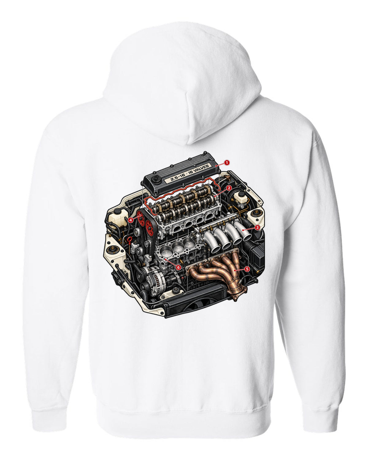 Exploded cutaway engine illustration for a Mercedes 190E 2.5-16 Evo II W201 white zip hoodie back view with the design