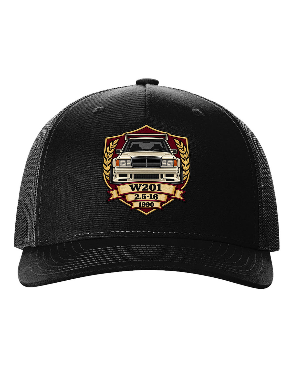 Embroidery-style shield crest print of a Mercedes-Benz 190E Evo II W201, 2.5-16, 1990 black hat front view with the design
